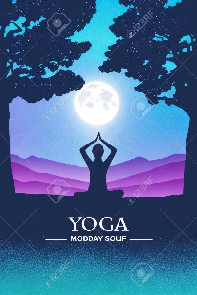 ioga para corpo e alma meditando silhueta de pessoa por ilustração vetorial de lua cheia EPS10