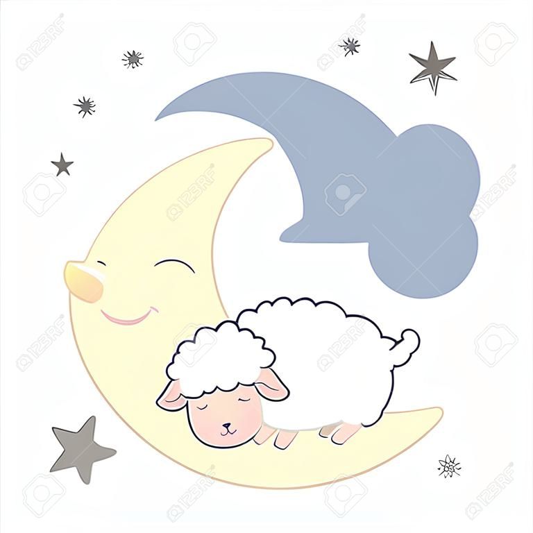 Carino piccolo stile kawaii pecora che dorme sulla luna sognante contando le pecore con stelle notte scena sognante contando le pecore illustrazione vettoriale