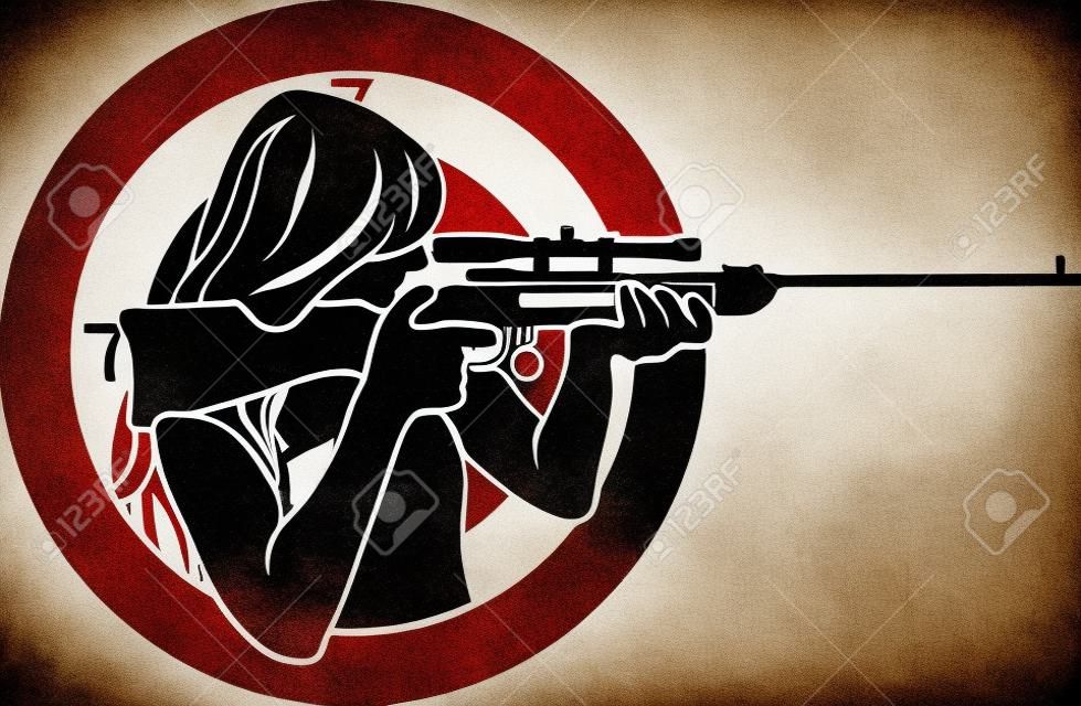 girl aims from a rifle with target background stencil