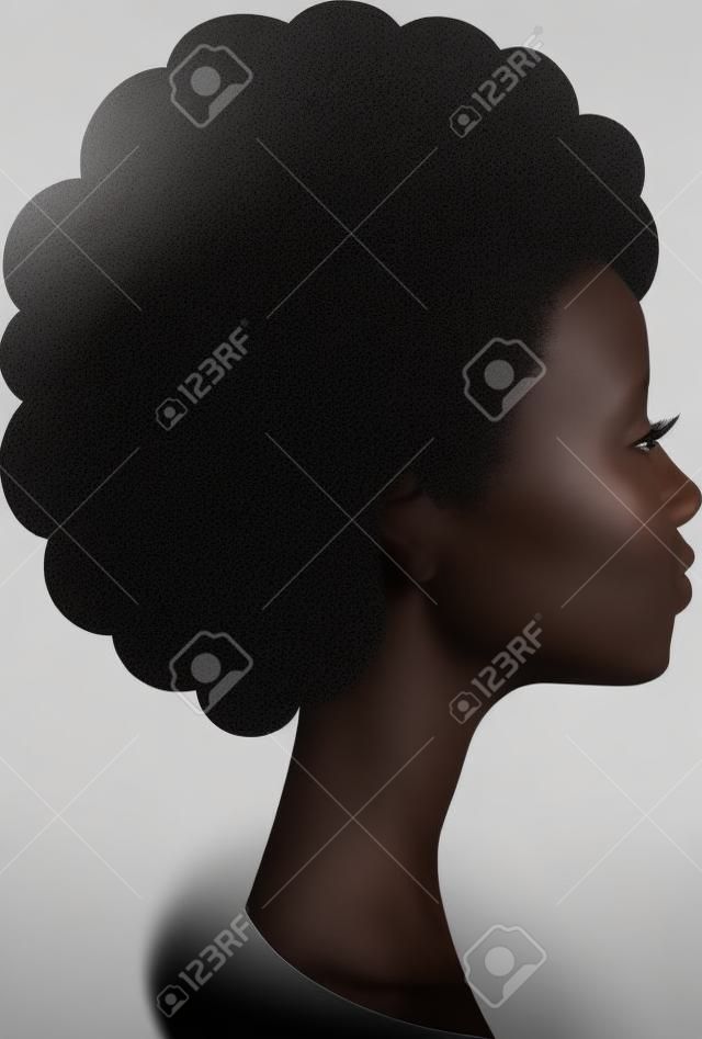 Head in profile of african woman on white background.
