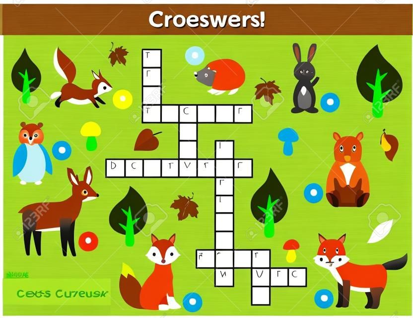 영어에서 벡터 숲 동물 크로스 워드 퍼즐입니다. 답변이 있는 어린이를 위한 교육 게임. 인쇄 가능한 워크시트. 귀여운 만화 토끼, 여우, 늑대, 다람쥐, 올빼미, 곰, 사슴, 고슴도치.