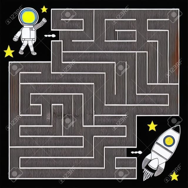Maze spel voor kinderen, help de astronaut het juiste pad naar de raket te vinden. Kleurplaten pagina. Vector illustratie.