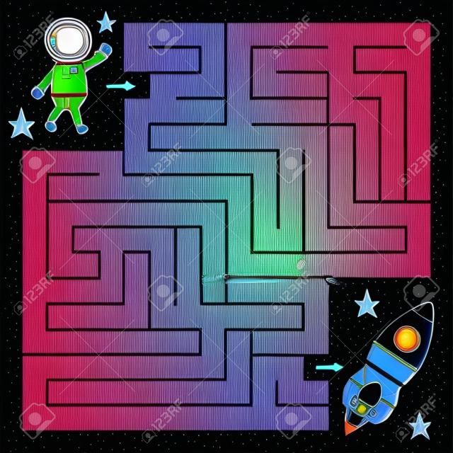 Maze game for kids, help the astronaut find right path to the rocket. Coloring page. Vector illustration.