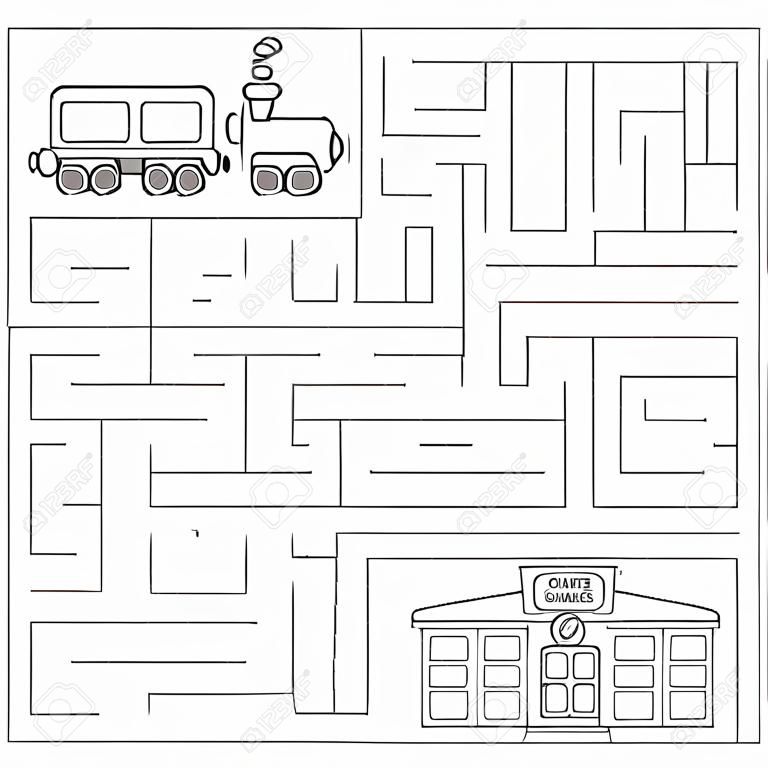 Maze game for preschool children. Vector coloring page. Help the train find the right path to station.