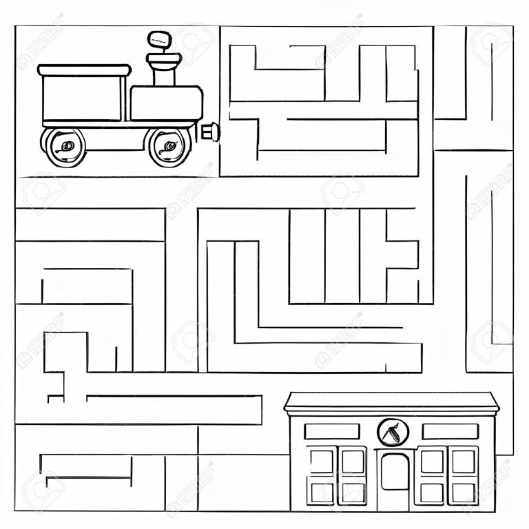 Labyrinth-Spiel für Kinder im Vorschulalter. Vektor-Malvorlagen. Helfen Sie dem Zug, den richtigen Weg zum Bahnhof zu finden.