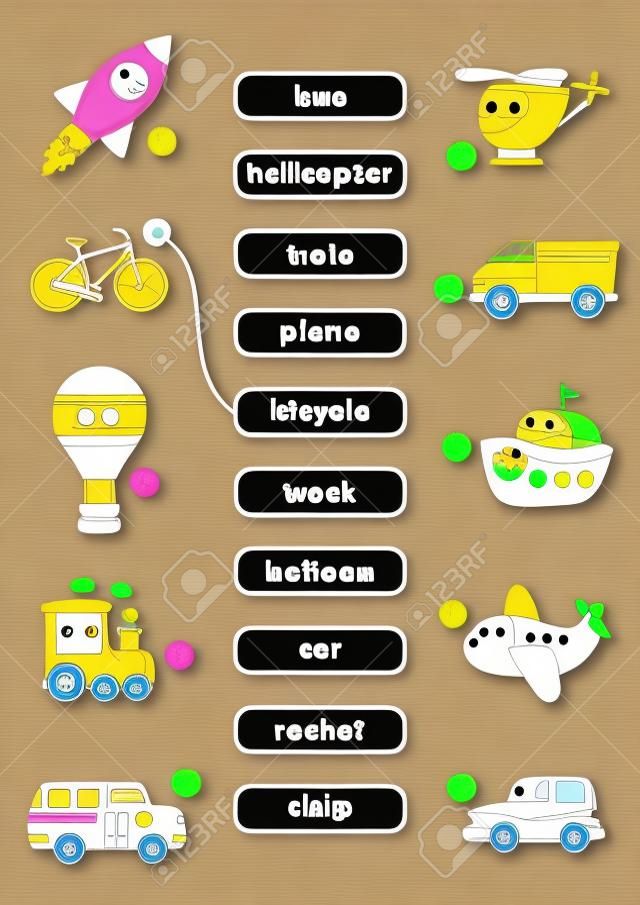 Match words with the correct pictures. Learn english words. For preschool kids activity worksheet. Cute kawaii cartoon vector characters.