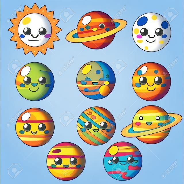 Insieme di vettore del fumetto di kawaii dei pianeti. Simpatico sistema solare per bambini. Pianeti, sole e luna con facce buffe.