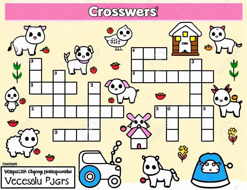 Crossword for children. Learn farm animals. English vocabulary. Educational game. Kawaii vector cartoon characters. Coloring page for preschool kids.