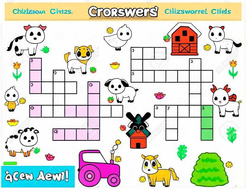 Crossword for children. Learn farm animals. English vocabulary. Educational game. Kawaii vector cartoon characters. Coloring page for preschool kids.