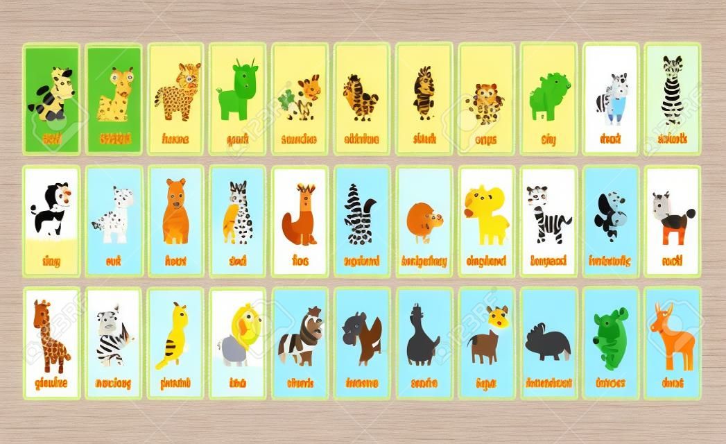 Coleção de flashcards de animais grandes para aprender palavras em inglês. Jogo educacional para o jardim de infância, alunos e crianças pré-escolares. Personagens de desenhos animados bonitos. Animais de fazenda, floresta e selva.