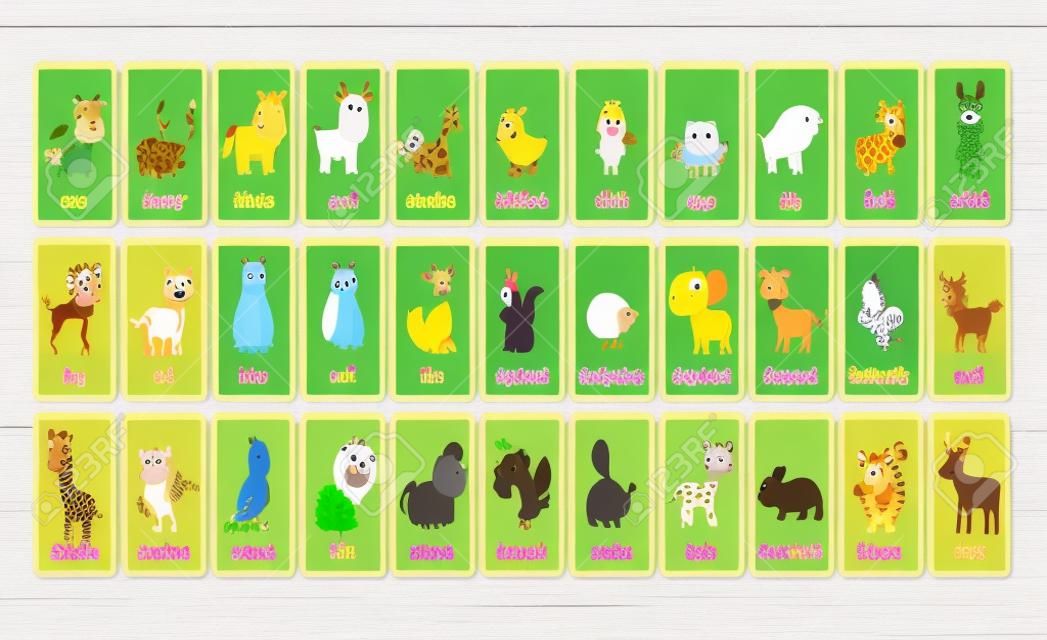 Coleção de flashcards de animais grandes para aprender palavras em inglês. Jogo educacional para o jardim de infância, alunos e crianças pré-escolares. Personagens de desenhos animados bonitos. Animais de fazenda, floresta e selva.