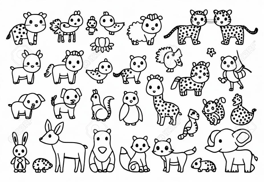 Duże zwierzęta ustawione dla Kolorowanka. zarys ilustracji wektorowych dla dzieci. słodkie postaci z kreskówek. zwierzęta gospodarskie, leśne i dżungli.