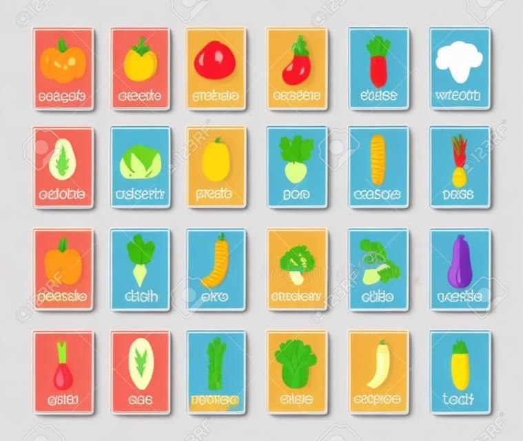 Printable vegetables flashcards collection for learning english words. Cute cartoon doodle food with faces. Educational game for kindergarten, pupils and preschool kids. Vector illustration.