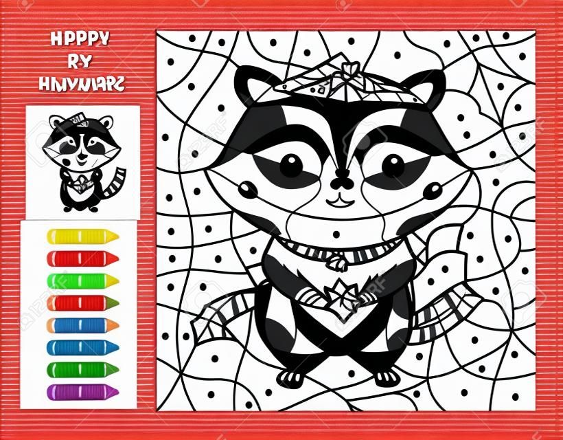 Number coloring page with cute cartoon raccoon and Christmas wreath. Kawaii forest animal. Happy new year activity worksheet. Learn numbers and colors. Educational game for preschool kids.