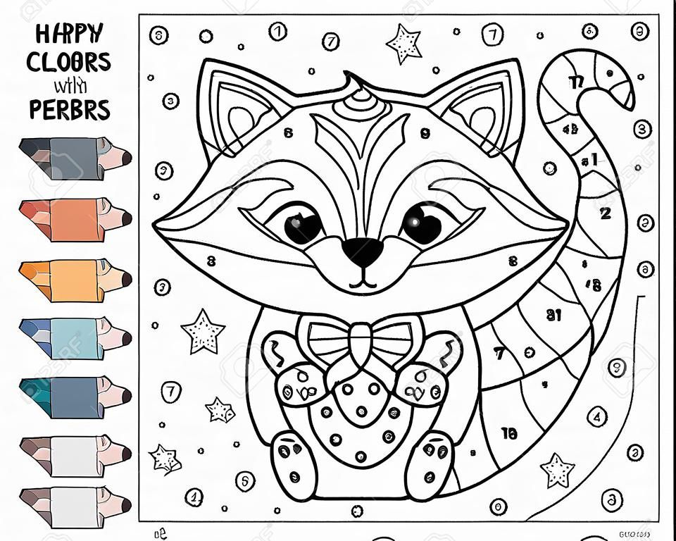 Number coloring page with cute cartoon raccoon and Christmas wreath. Kawaii forest animal. Happy new year activity worksheet. Learn numbers and colors. Educational game for preschool kids.