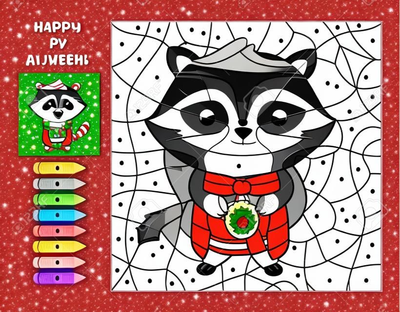 Nummernmalseite mit niedlichem Cartoon-Waschbär und Weihnachtskranz. Kawaii Waldtier. Aktivitätsarbeitsblatt für ein frohes neues Jahr. Lernen Sie Zahlen und Farben. Lernspiel für Kinder im Vorschulalter.