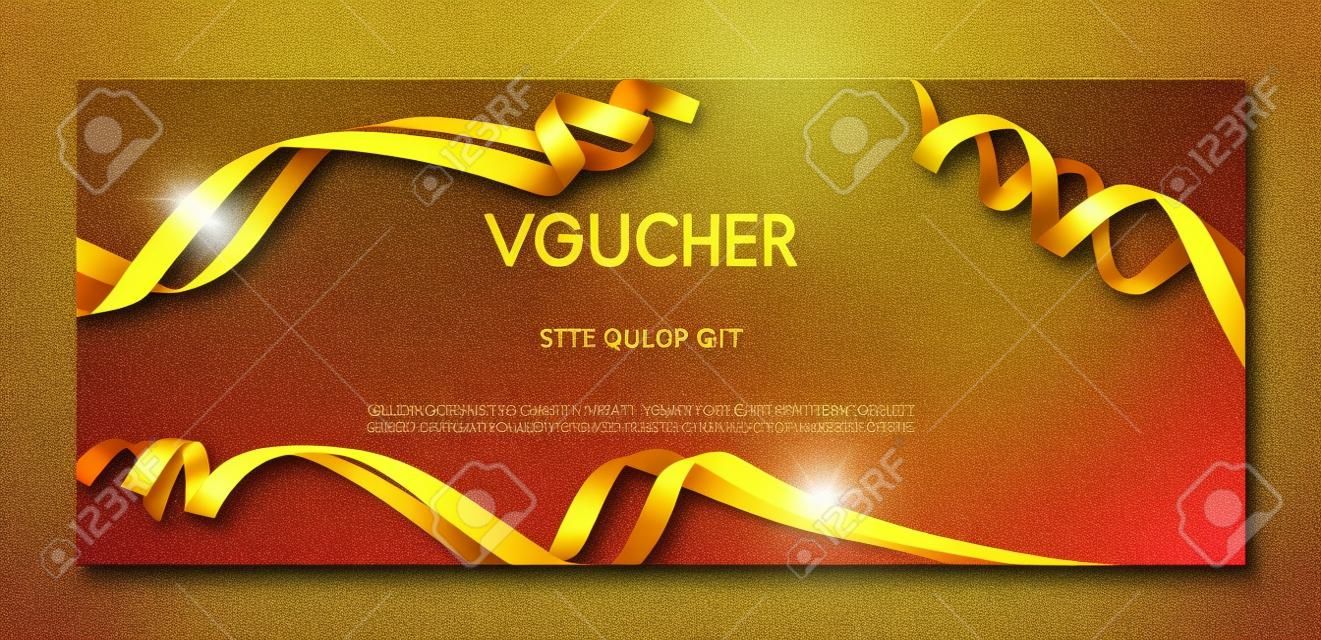 Horizontal gift golden festive design background with glitter and ribbons for invitation, voucher. For a banner, postcards. flyer, label, certificate, company card. Vector. For a merry New Year.