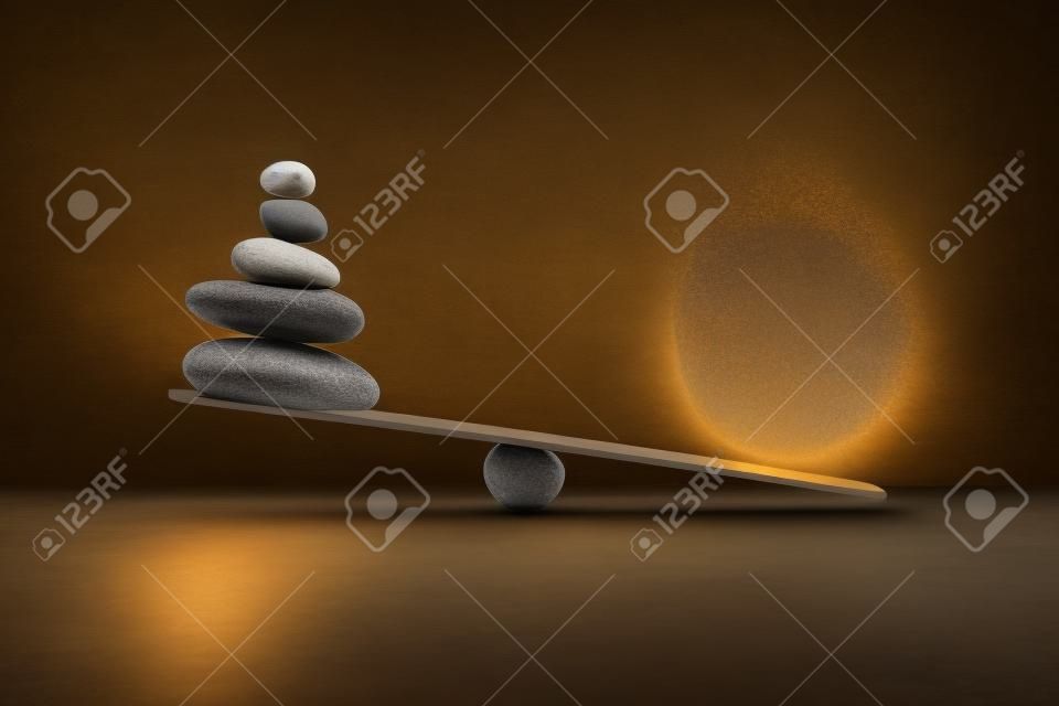 Stenen balans met pluim. Begrip van zwaar en licht.
