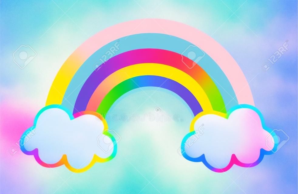 Arco-íris colorido bonito e macio com nuvens, cores de bebê pastel, desenho de doodle de ilustração vetorial.