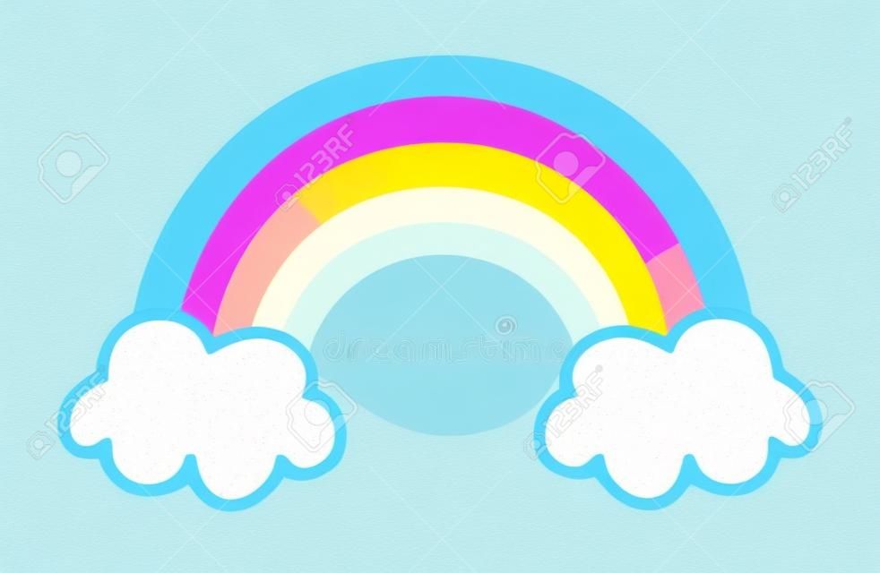 Ładny i miękki kolorowy tęcza z chmurami, pastelowe kolory dla dzieci, wektor ilustracja doodle rysunek.