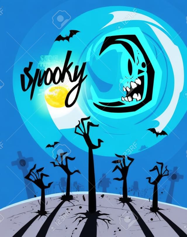Zombie karját. Halloween Zombie fél poszter és vicces hold. Vektoros illusztráció.