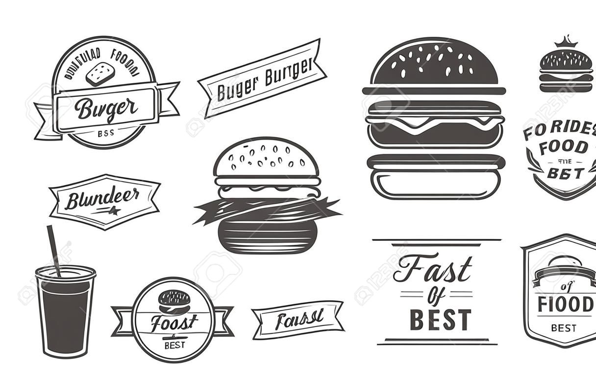 Burger icone, etichette, segni, simboli ed elementi di design. Vector raccolta di badge fast food.