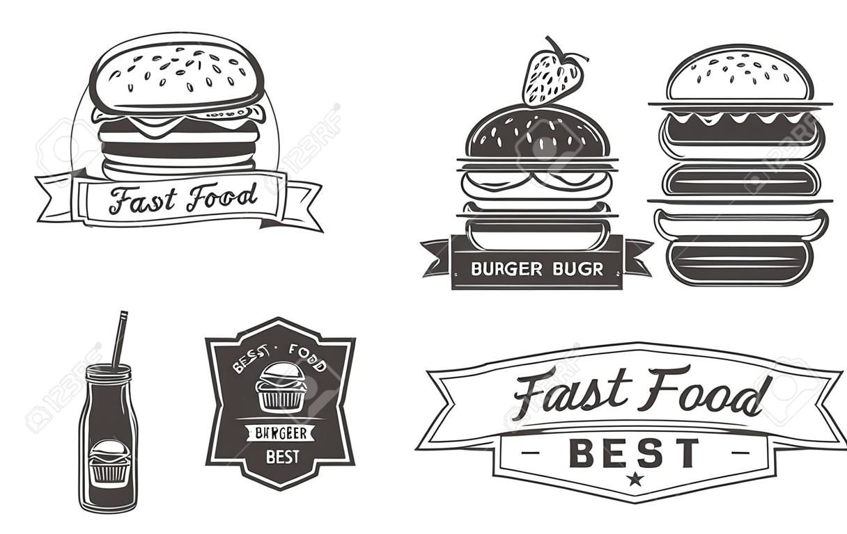 漢堡圖標，標籤，標誌，符號和設計元素。快餐徽章的矢量集合。
