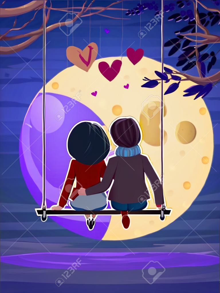 Two lovers sitting on the swing on the moon background. Modern design stylish illustration. Retro flat background. Valentines Day Card.