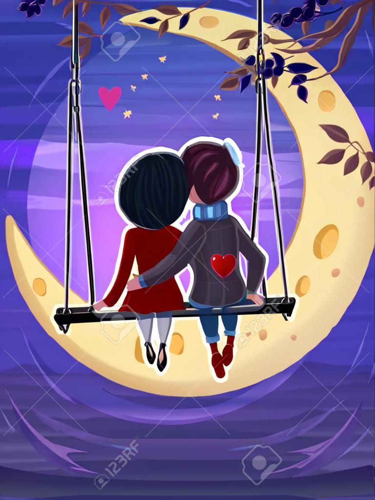Two lovers sitting on the swing on the moon background. Modern design stylish illustration. Retro flat background. Valentines Day Card.