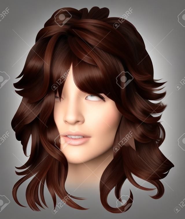Donna d'avanguardia capelli lunghi bruna colori marrone scuro. moda bellezza. 3d realistica