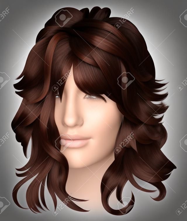 트렌디 한 여자 긴 머리카락 갈색 머리 어두운 갈색 색상입니다. 아름다움 패션. 현실적인 3d