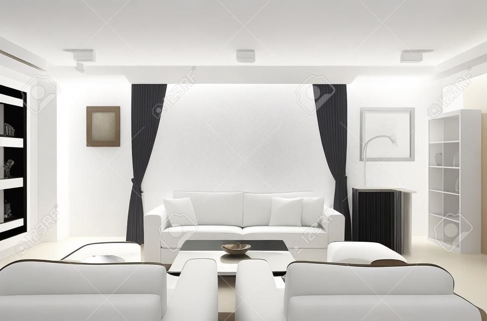 Интерьер современной гостиной в белом цвете.