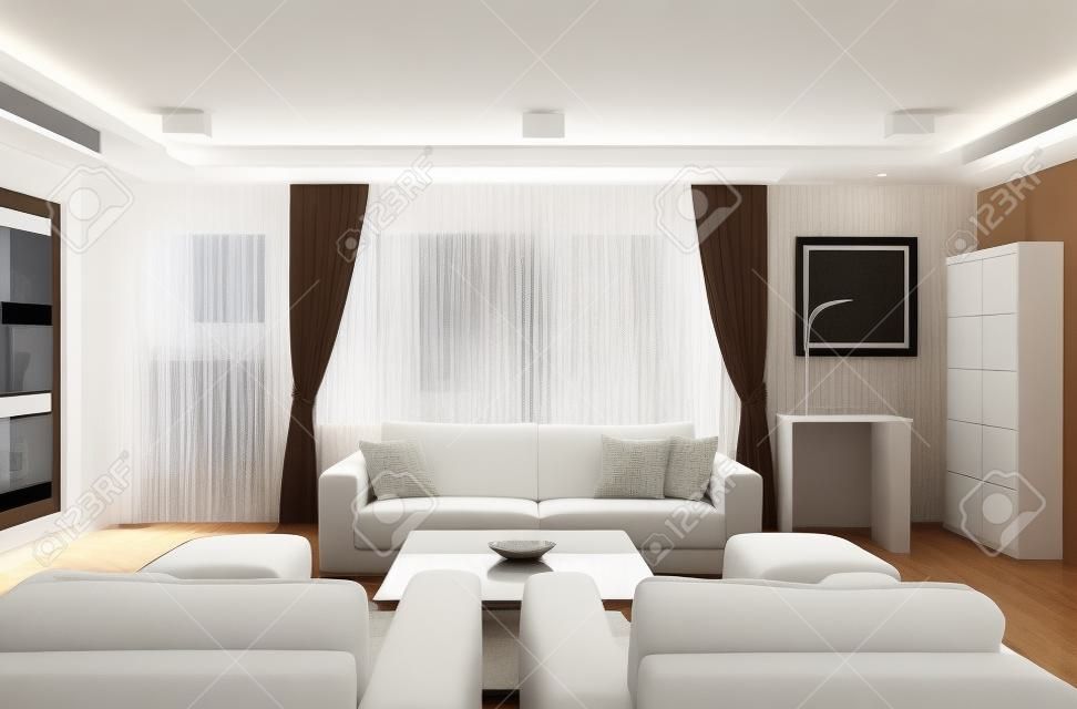 Интерьер современной гостиной в белом цвете.
