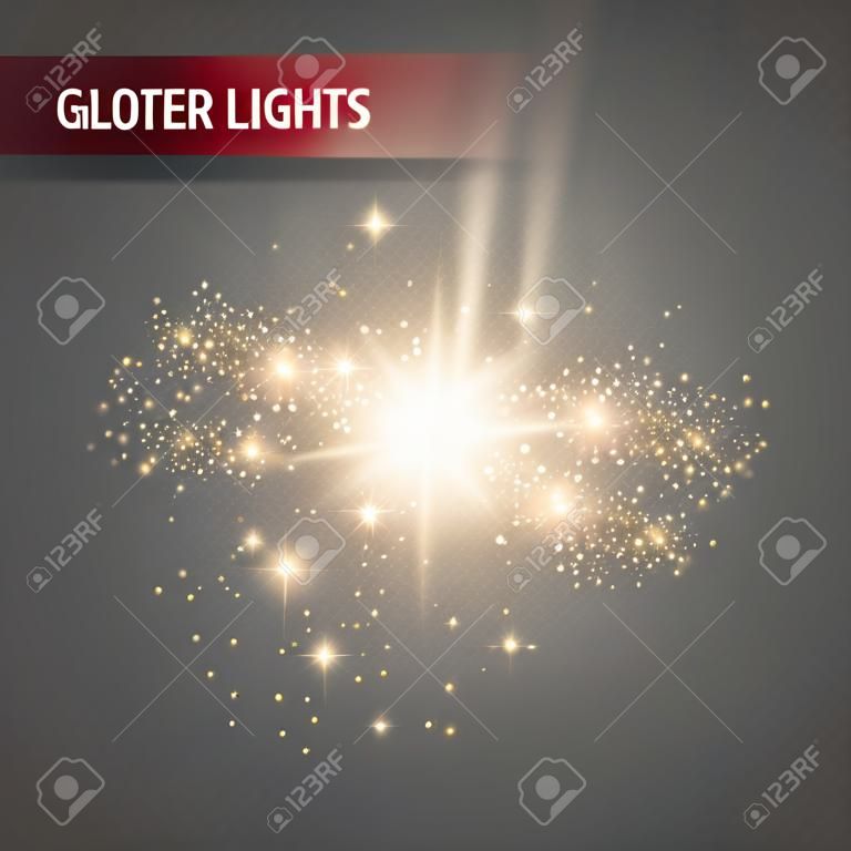 Glowing Light Stars with Sparkles. Golden Light effect.  Vector illustration