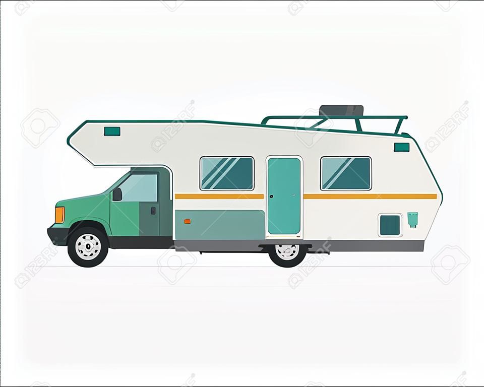 Camping caravan roulotte di famiglia. icona di stile piatto viaggiatore camion camper isolato su bianco. Vector vacanza illustrazione di viaggio RV. Strada trailer di viaggio vettoriale.