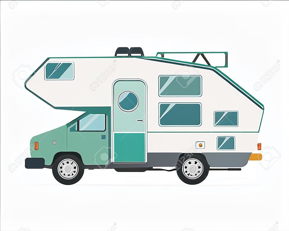 Camping caravan roulotte di famiglia. icona di stile piatto viaggiatore camion camper isolato su bianco. Vector vacanza illustrazione di viaggio RV. Strada trailer di viaggio vettoriale.