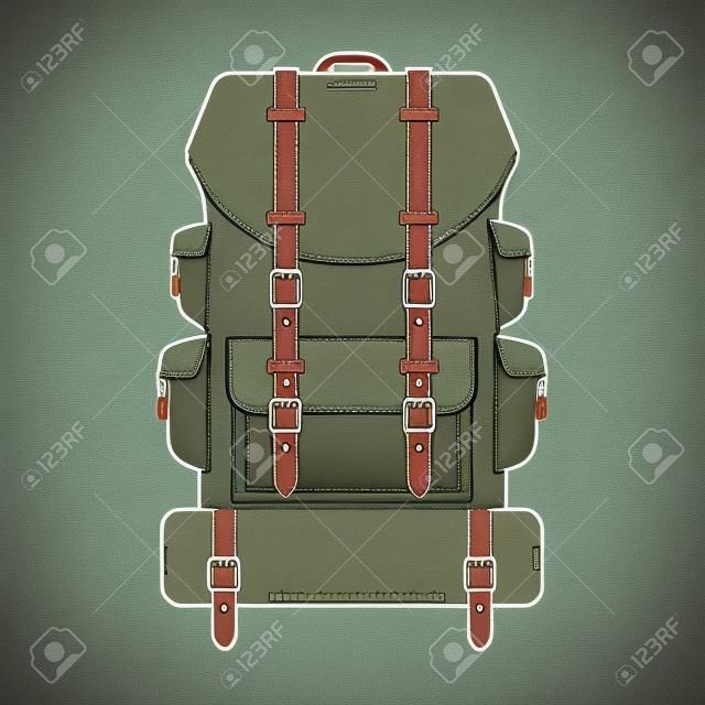 復古登山背包細線設計。旅遊背包與睡袋。野營背包的輪廓圖。登山包圖標。
