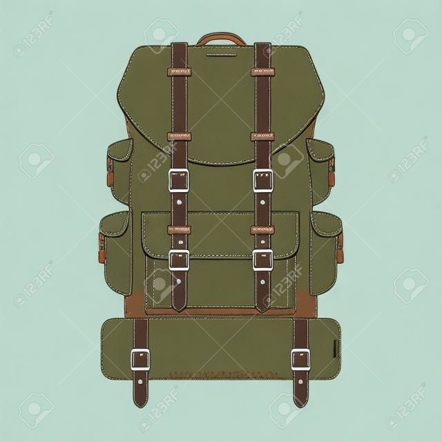 復古登山背包細線設計。旅遊背包與睡袋。野營背包的輪廓圖。登山包圖標。