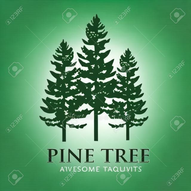 Fa szabadtéri utazás zöld sziluett erdő logó tűlevelű természetes jelvény tetején fenyő lucfenyő ág cédrus és növényi levél absztrakt szár rajz vektoros illusztráció. Panoráma jelenet horizont dekoráció.