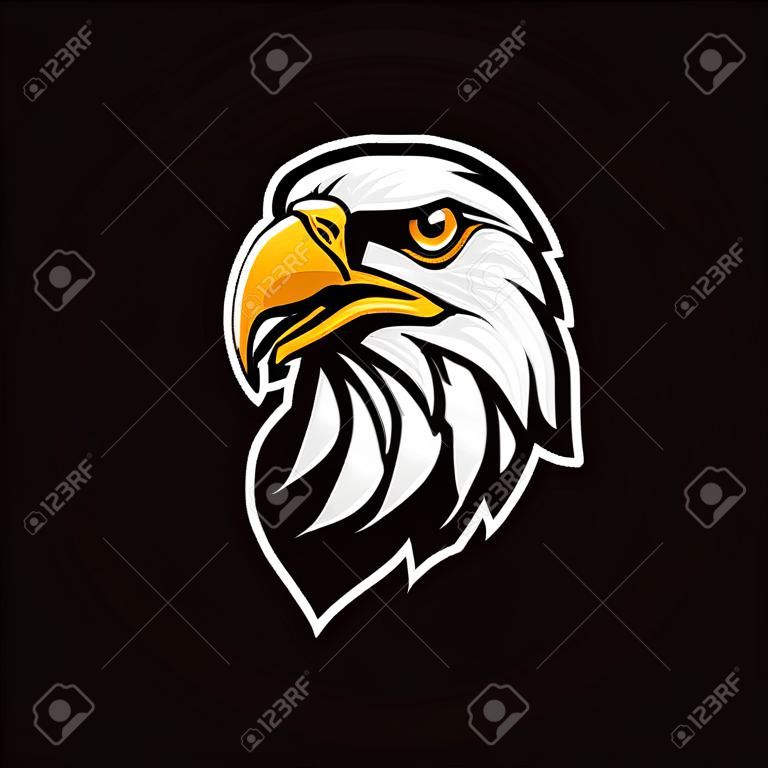 Modelo do vetor do logotipo da cabeça da águia no fundo preto, gráfico do mascote do Falcão, retrato de uma águia careca.