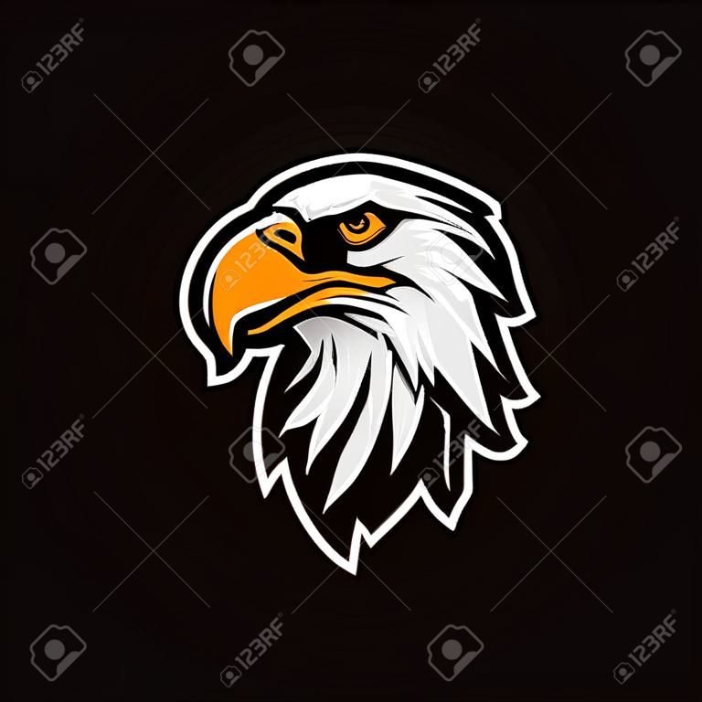 Modelo do vetor do logotipo da cabeça da águia no fundo preto, gráfico do mascote do Falcão, retrato de uma águia careca.