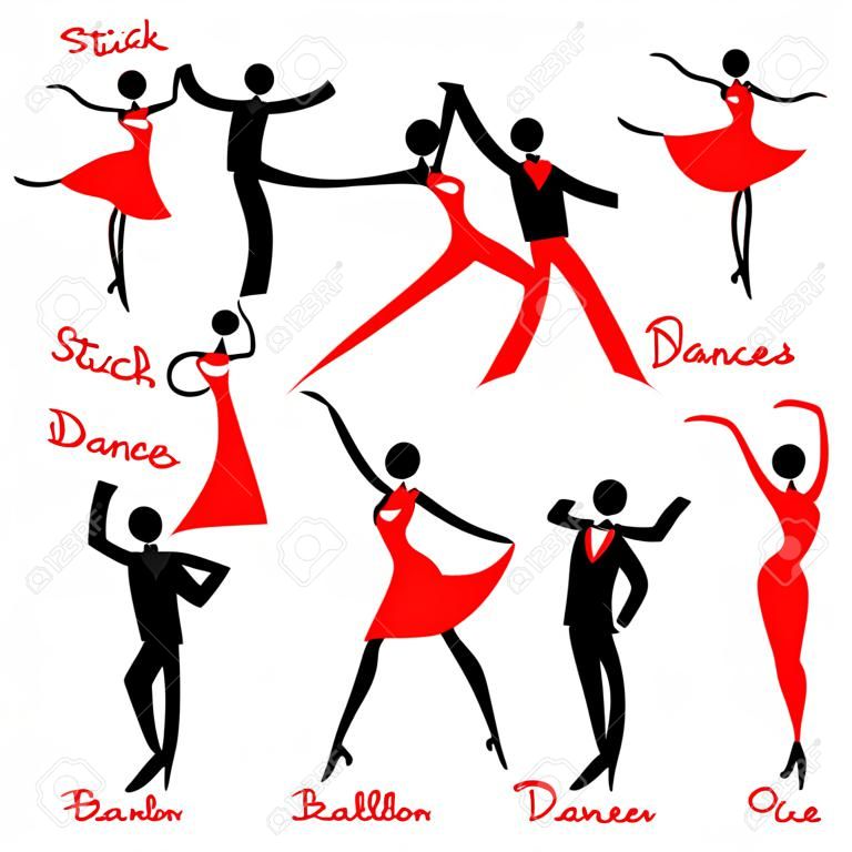 Icon set of stick figures dancing  ballroom dances.