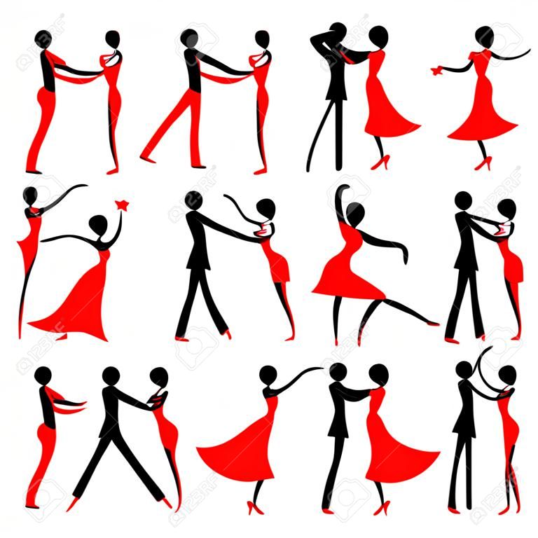 Icon set of stick figures dancing  ballroom dances.