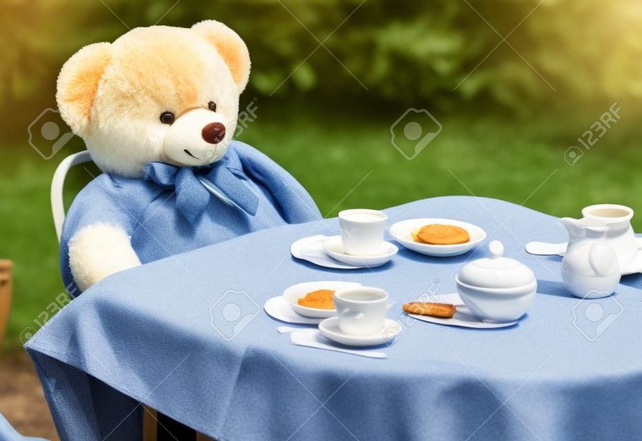 Photo en plein air de nounours assis à cour et le petit déjeuner anglais