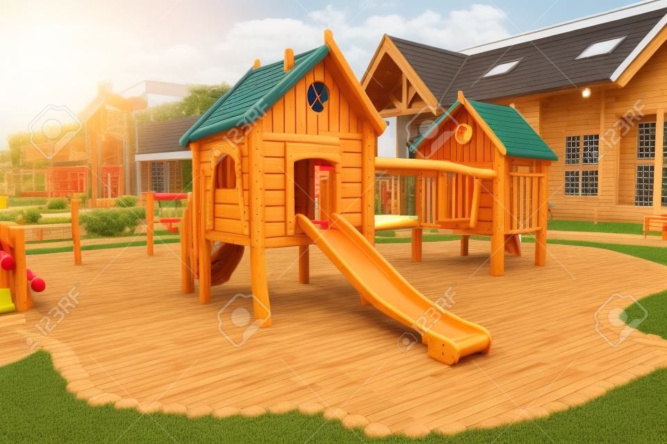 Outdoor shot of big wooden playground at shopping mall