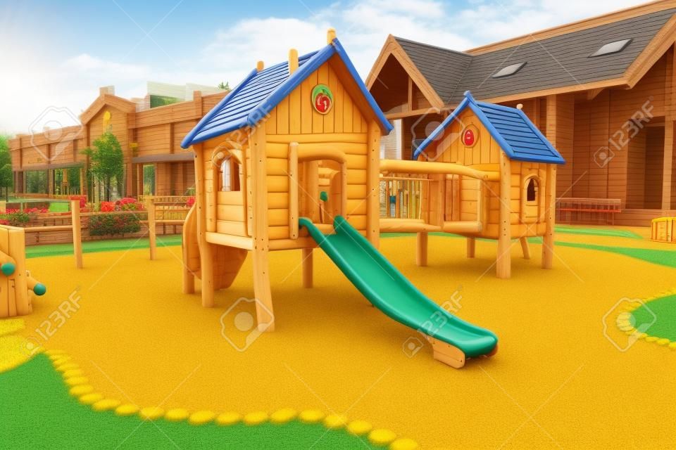 Outdoor shot of big wooden playground at shopping mall