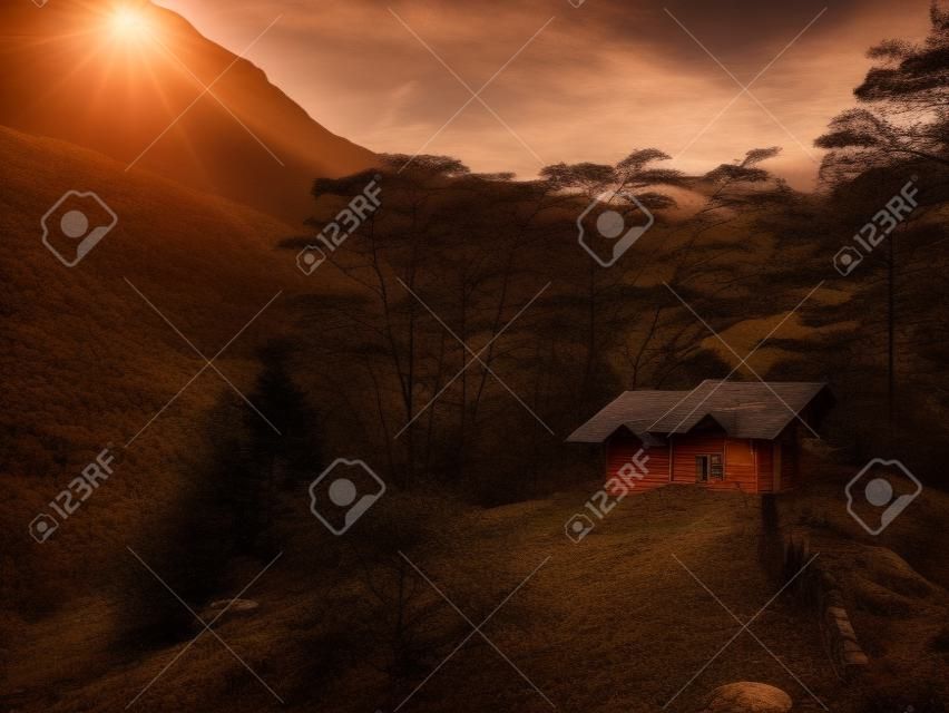 Toned photo of small wooden house on the mountain slope at sunset