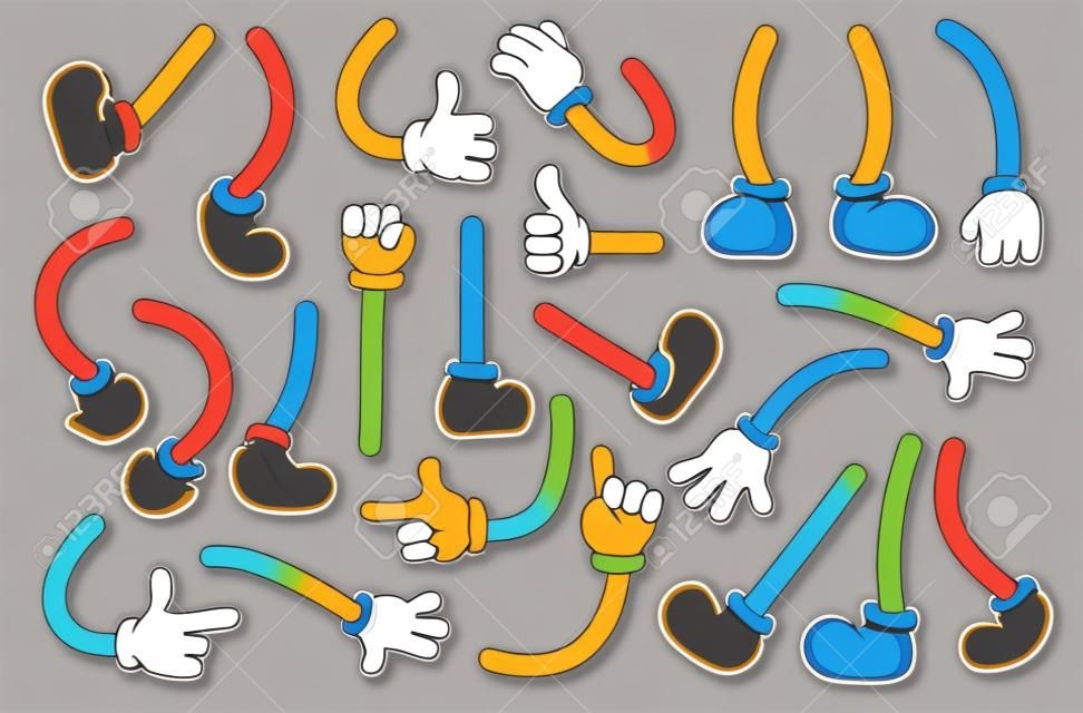 Retro cartoon legs, arms gestures and hands poses. Comic funny character foot walking and hands in glove. Animation mascot body parts vector set