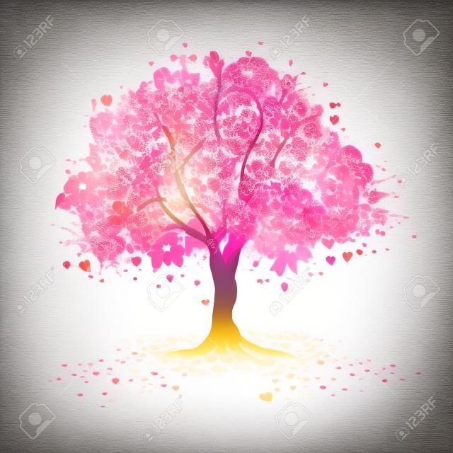 Kirschblütenbaum mit Herzen Symbole in der Abstraktion Stil.