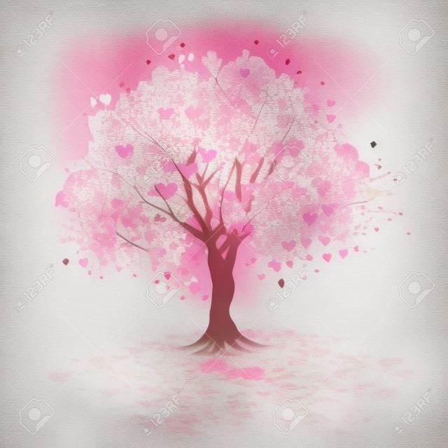 árbol de flor de cerezo con corazones símbolos en el estilo de abstracción.